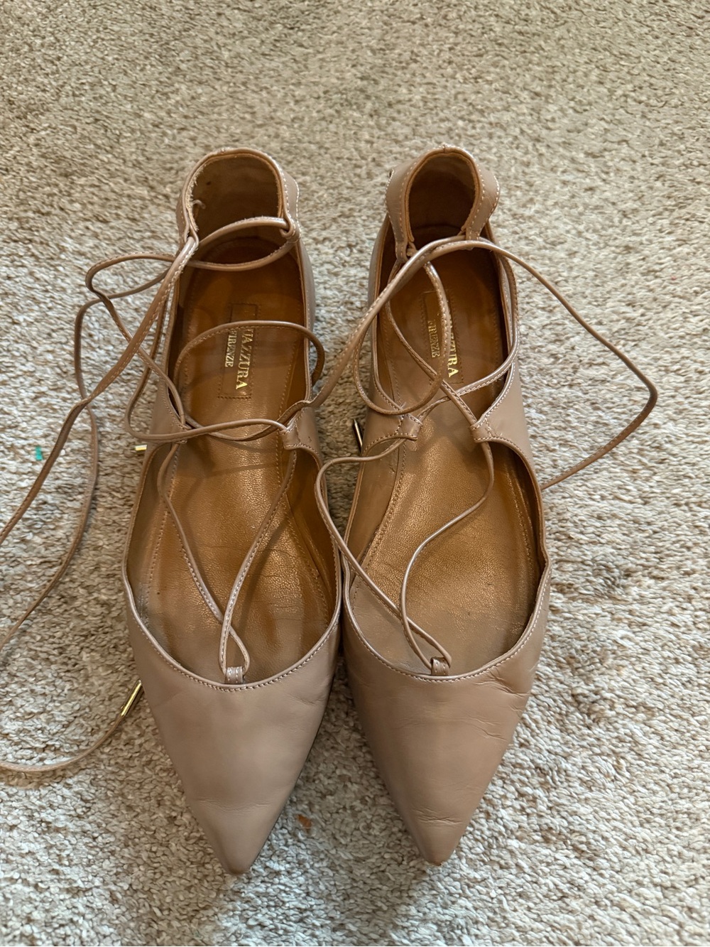 Aquazzura Nude Leather Pointed Lace-Up Flats